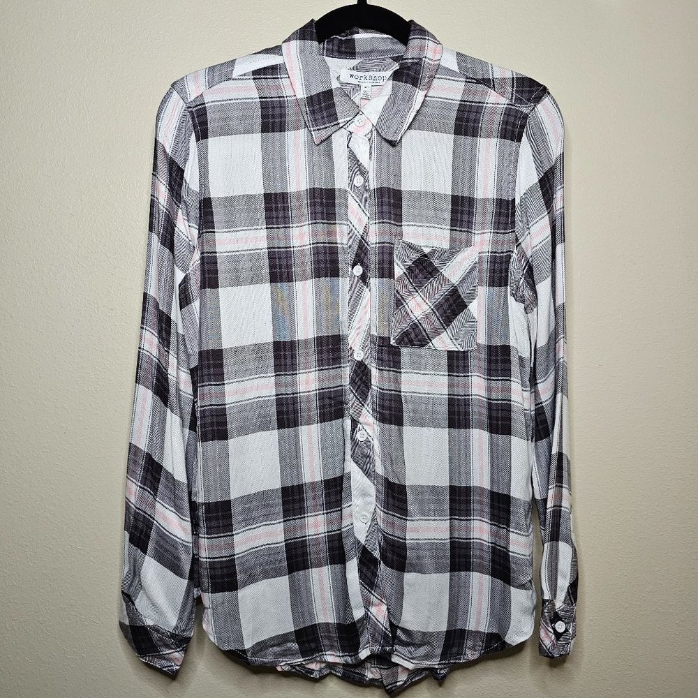 NWT Workshop Women's Gray/Plaid Collared Shirt Size Small